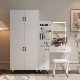 Makeup Vanity Table and Large Armoire Wardrobe Set, Dressing Table with LED Mirror and Power Outlets and 5 Drawers, 4 Door Bedroom Closet, White