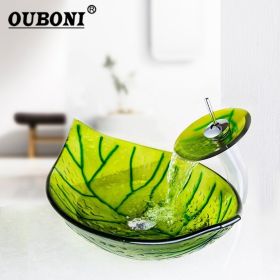 OUBONI Bathroom Luxury Green Basin Sink Faucet Set Tempered Glass Vessel Vanity Gorgeous Shape Basin Sink + Waterfall Faucet