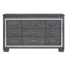 Modern Glam Bedroom Furniture 1pc Dresser of 9 Drawers Gray Finish Beveled Mirror Trim Faux Crystal Drawers Pulls