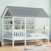 Wood Twin Size House Bed with Roof, Guardrail and Shelves