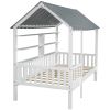 Wood Twin Size House Bed with Roof, Guardrail and Shelves
