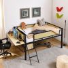 Single metal loft bed with rectangular desk, LED lights, LED loft bed frame double bed with storage shelves and hanging storage compartments