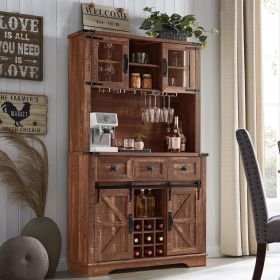 OKD 72" Farmhosue Bar Cabinet with Sliding Barn Door, Large Kitchen Buffet with Hutch w/Wine & Glasses Rack, 3 Drawers, 12 (Color: Reclaimed Barnwood)